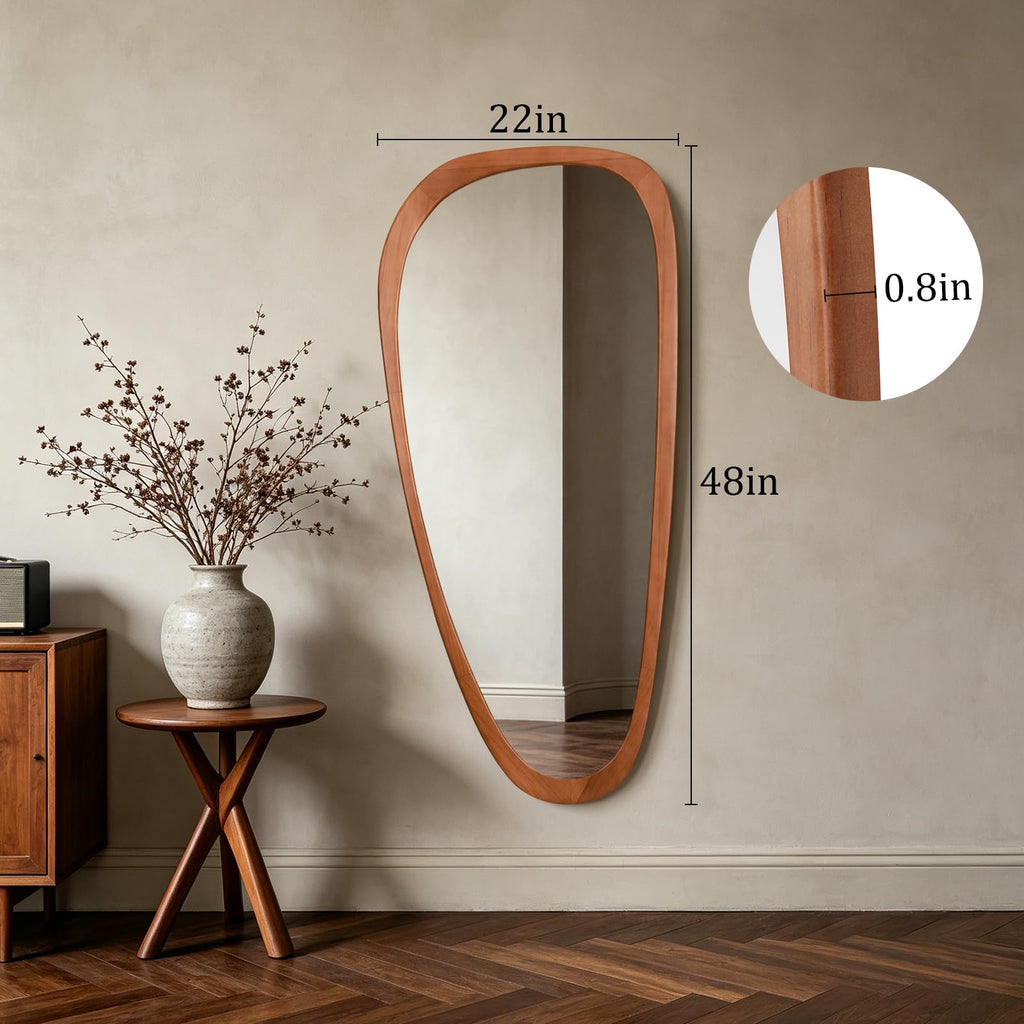 48" H x 22" W Asymmetrical Mirror, Irregular Wooden Wall Mirror Full Length - Boho Mid-Century Modern Decorative