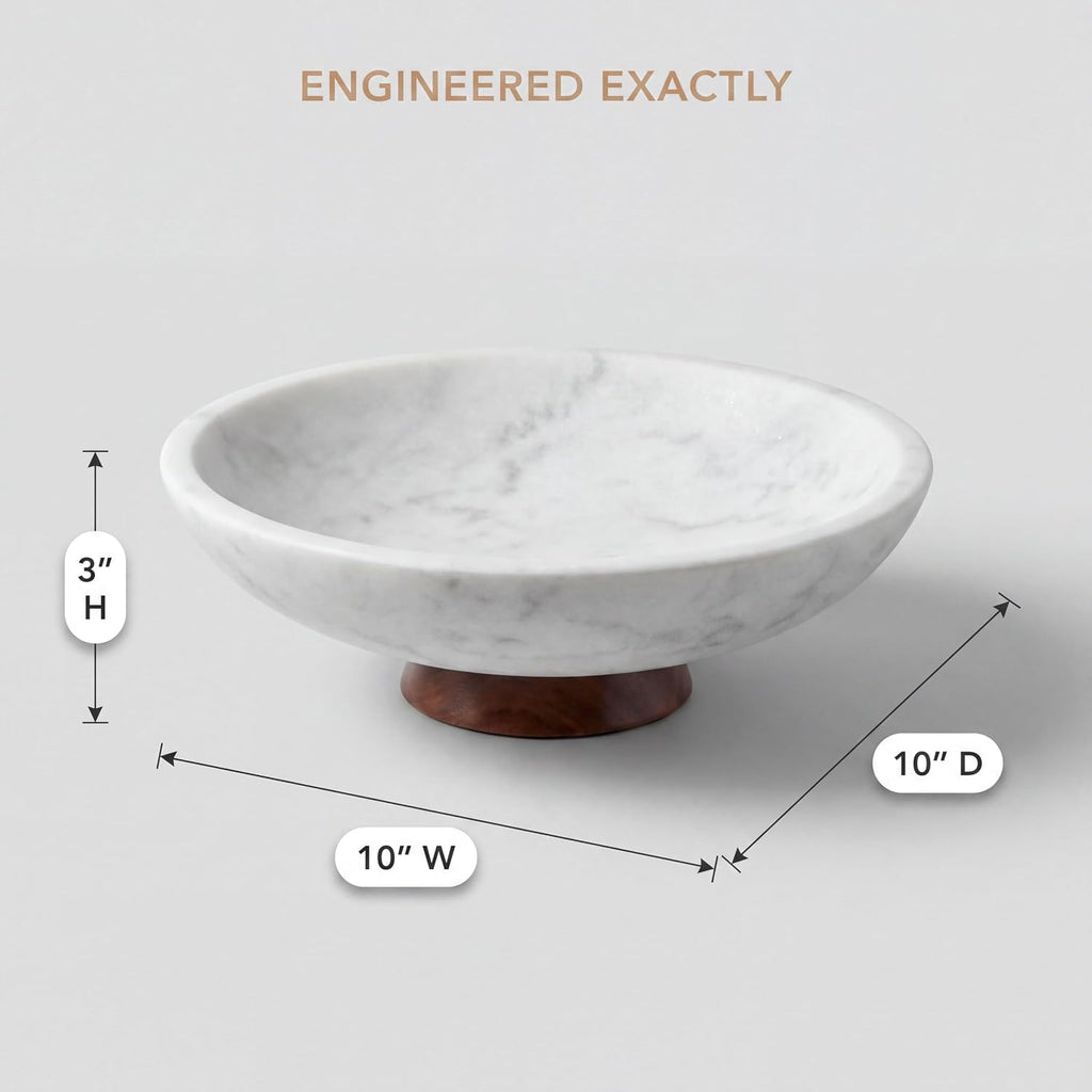 Decorative Marble Bowl White - Handcrafted Natural Stone on Removable Acacia Wood Pedestal Base - Versatile 10"