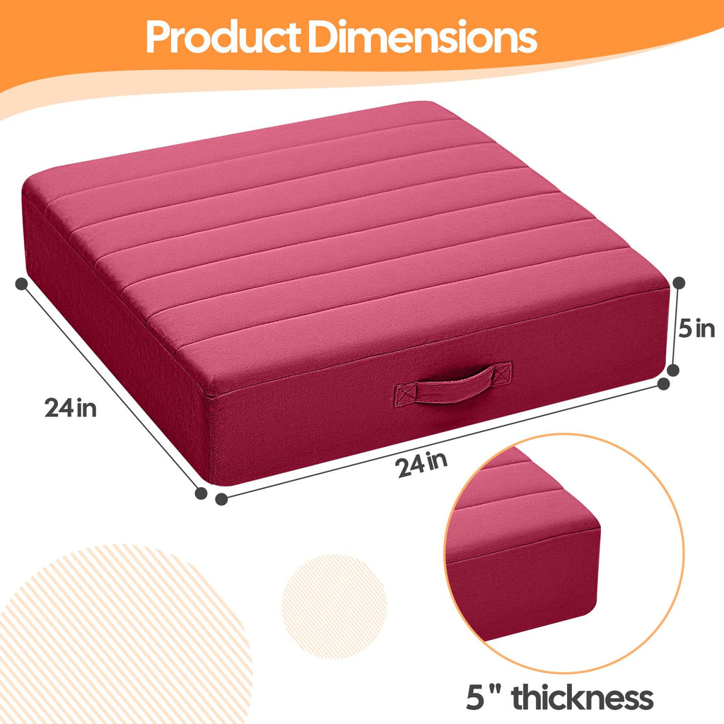 24 Inch Square Floor Pillow for Adults, Wine Thick Foam Cushion