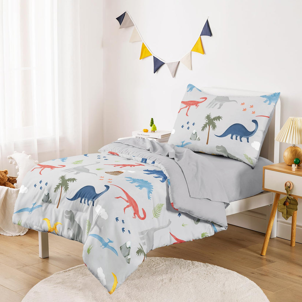 Toddler Bedding Set for Boys, Colorful Jurassic Dinosaur Volcano, 4 Pieces Soft Crib Bed Set Including Comforter