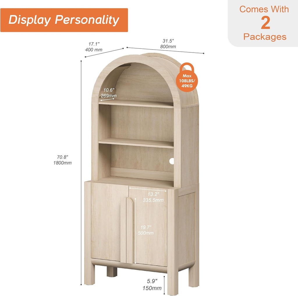 71" Tall Arched Kitchen Pantry Cabinet, 5 Tiers Modern Farmhouse Bookcase with Doors and Adjustable Shelves, Wood