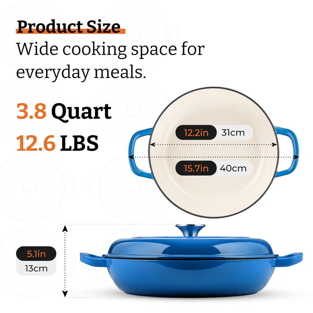 Cast Iron Dutch Oven, 3.8 Quart, Blue, Shallow Braiser & Casserole