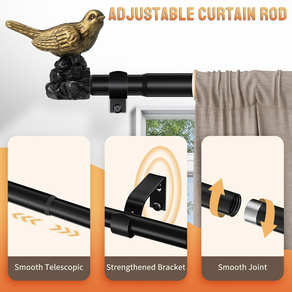 Bird Curtain Rod 18-45 Inch Black Curtain Rod with Gold Bird Finials Adjustable Heavy Duty Vintage Drapery Rod for