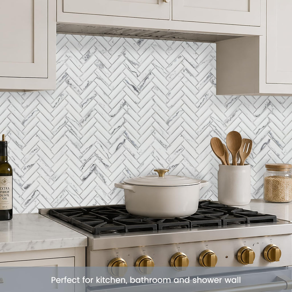 Carrara Herringbone Marble Look Recycled Glass Mosaic Backsplash