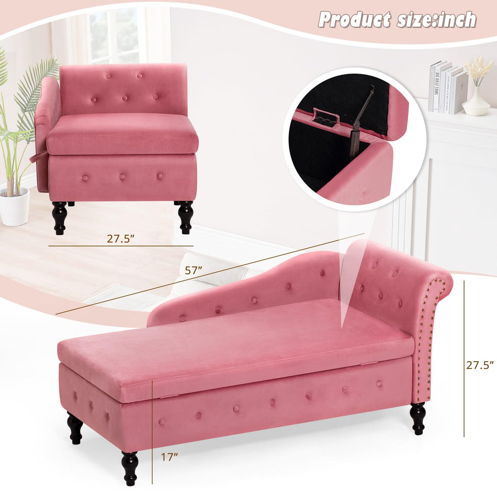 Velvet Chaise Lounge w/Right Armrest & Storage Space, Pink