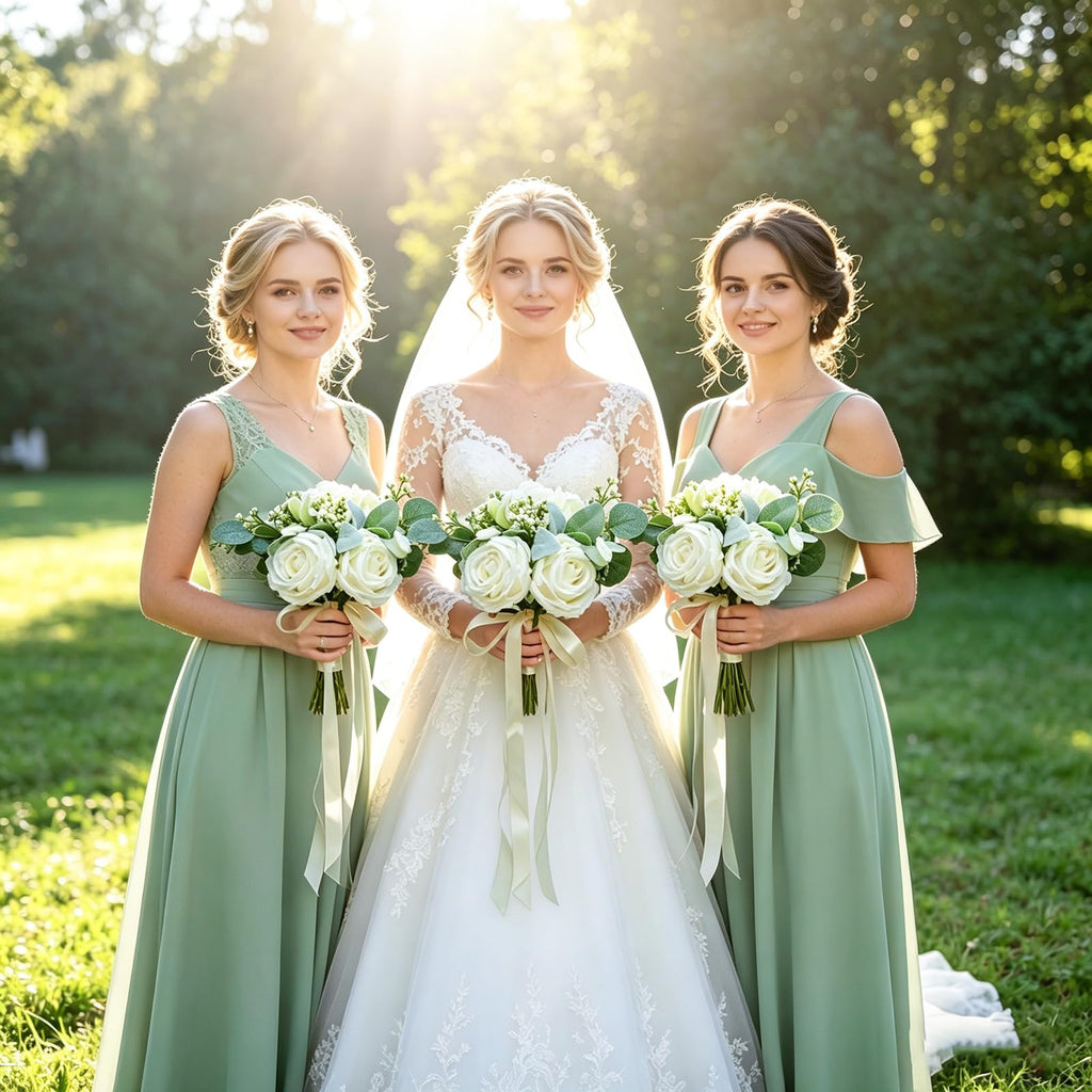 Artificial Bridesmaid Bouquets Set of 8 - Ivory White 9 Inch Various Flower Bouquet for Wedding Party Ceremony
