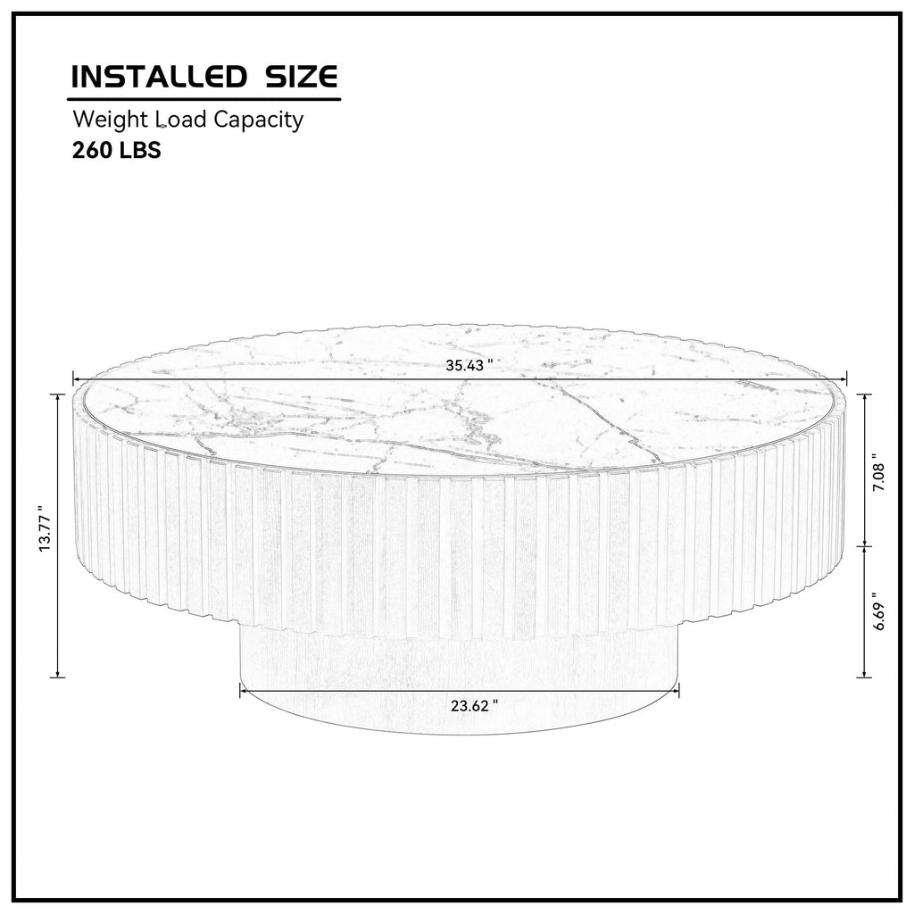 35.43" Round Coffee Table, Wood Fluted Center Table with Sintered Stone Tabletop, Accent Tea Table, Small Space