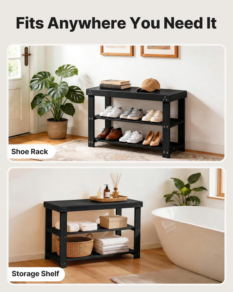 3 Tier Bamboo Shoe Rack Bench, Black