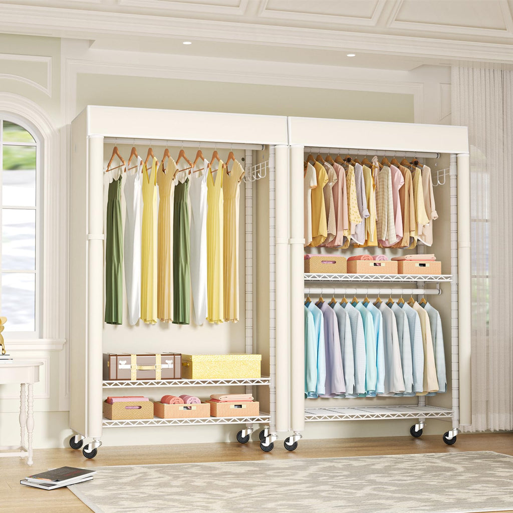 White Clothing Rack with Beige Cover, P1C Rolling Closets
