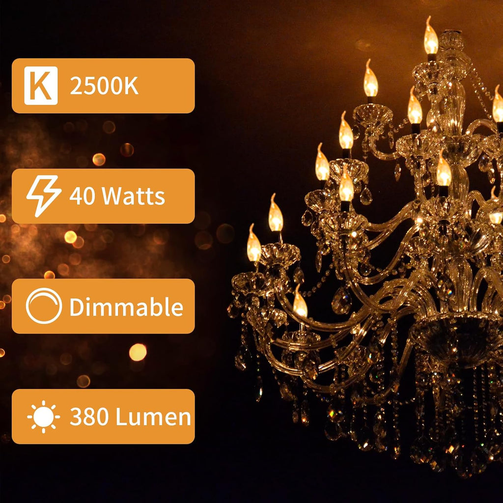 Candelabra Light Bulbs 40W Warm White 2500K, 380 Lumen Candle Chandelier Bulb for Ceiling Fan, Pendants or
