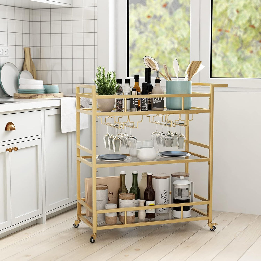 Gold Bar Carts with 3 Tier Glass Shelves, Rolling Serving Bar Cart with Wine Rack and Glass Holder, Home Bar Carts &