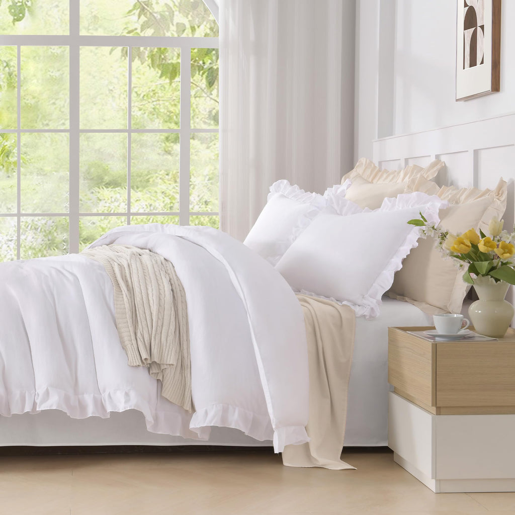 Comforter Set White, 3 Pieces Ruffle Farmhouse Bed Set