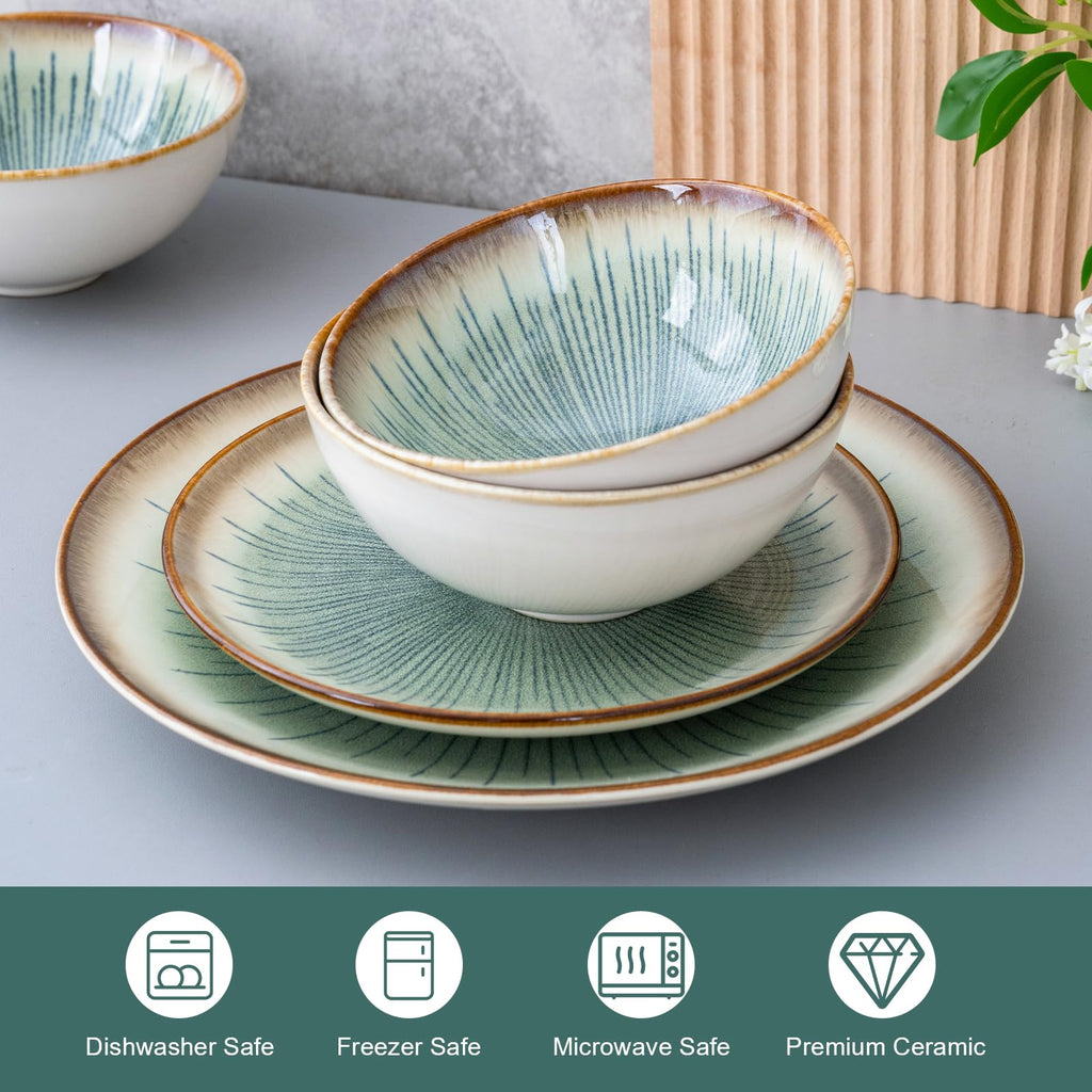 Dinnerware Set Green Stoneware 16 Pieces Service for 4, Stoneware Plates and Bowls Set Highly Chip Dishwasher