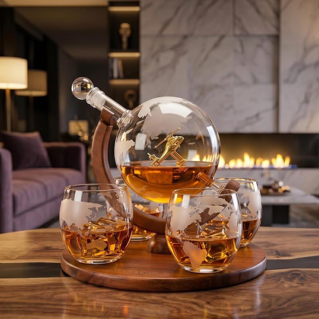 Helicopter Whiskey Decanter Set - For pilots & aviation fans. Unique globe decanter with military helicopter design.