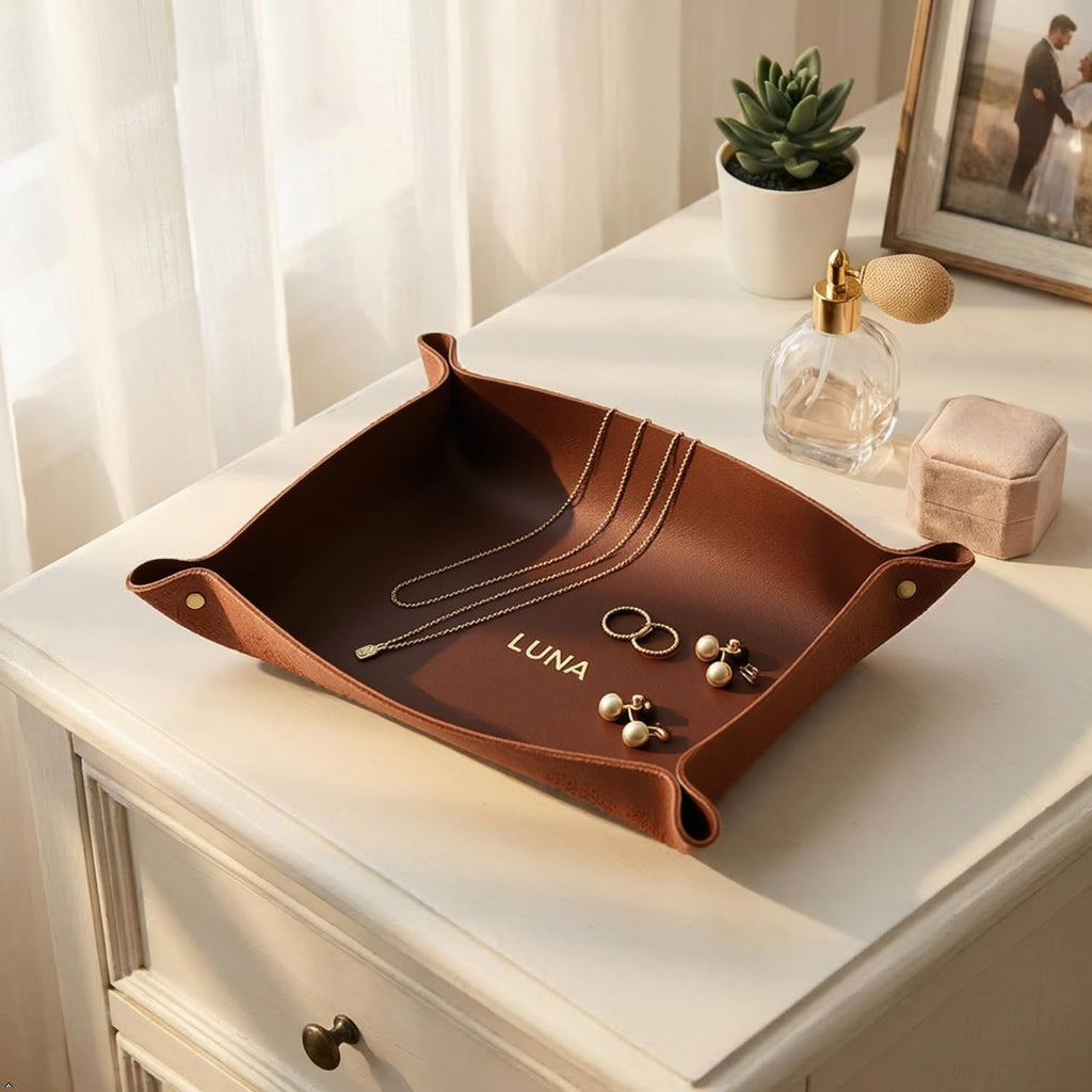 Personalized Leather Valet Tray - Made in USA - Custom Monogramed Full Grain Leather Catchall Tray for Men, Desk