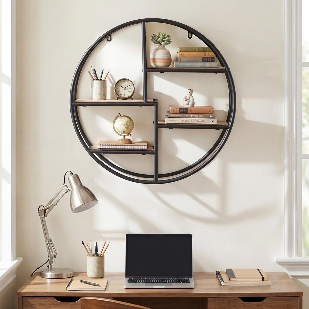 Industrial Style Round Wall Shelf with 4-Tier Storage Shelves
