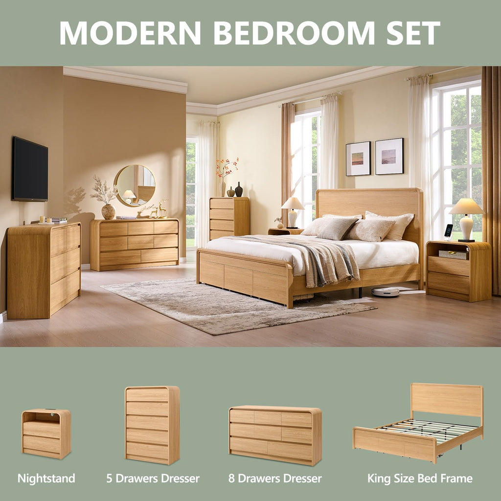 Modern King Size Bed Frame with 50" Tall Headboard, Natural Oak