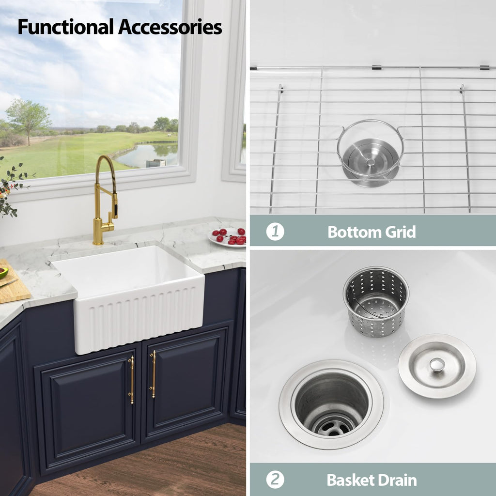 24 White Farmhouse Kitchen Sink - 24X18 Inch Farmhouse Sink Reversible Apron Front Ceramic Porcelain Farm Sinks