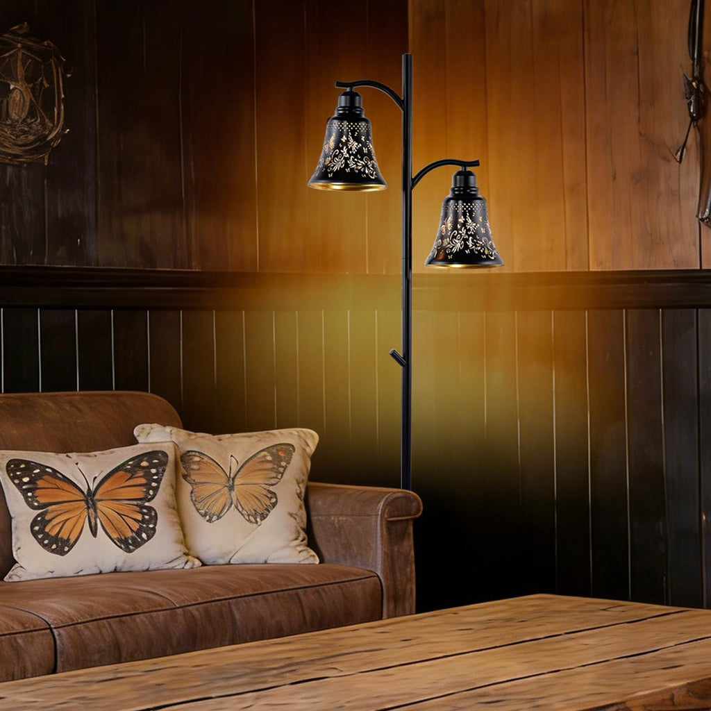 2-Light Rustic Floor Lamp, Butterfly Cutout Bell Shade Black Metal Tree Standing Lamp, 64.56" Farmhouse Floor Lamp, Bar