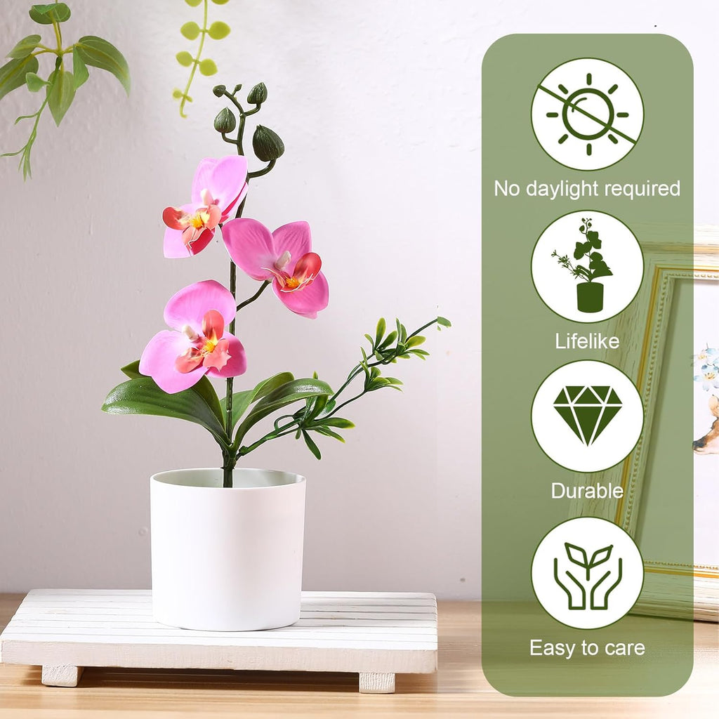 Artificial Orchid Flowers Mini Potted Orchids Fake Orchids with Plastic Vase for Table Centerpiece Home Office - Set of 8