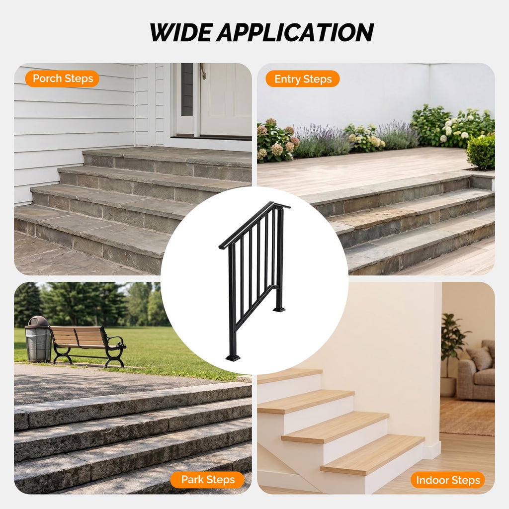 2 Pack 3 Step Handrails for Outdoor Steps, Wrought Iron Stair Railing Fits 2 or 3 Steps, Metal Hand Railing with