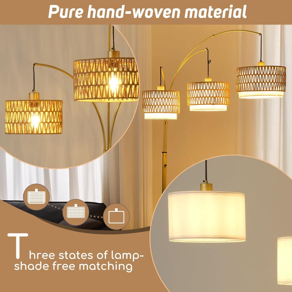 3-Light Arc Gold Rattan Floor Lamp, 80'' Boho Lamp