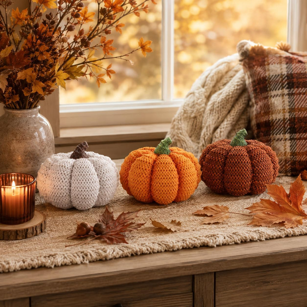 Fall Pumpkin Decor, Resin Pumpkins Figurines for Fall Decor, Rustic Knit Textured Pumpkins Fall Decorations - Set of 3