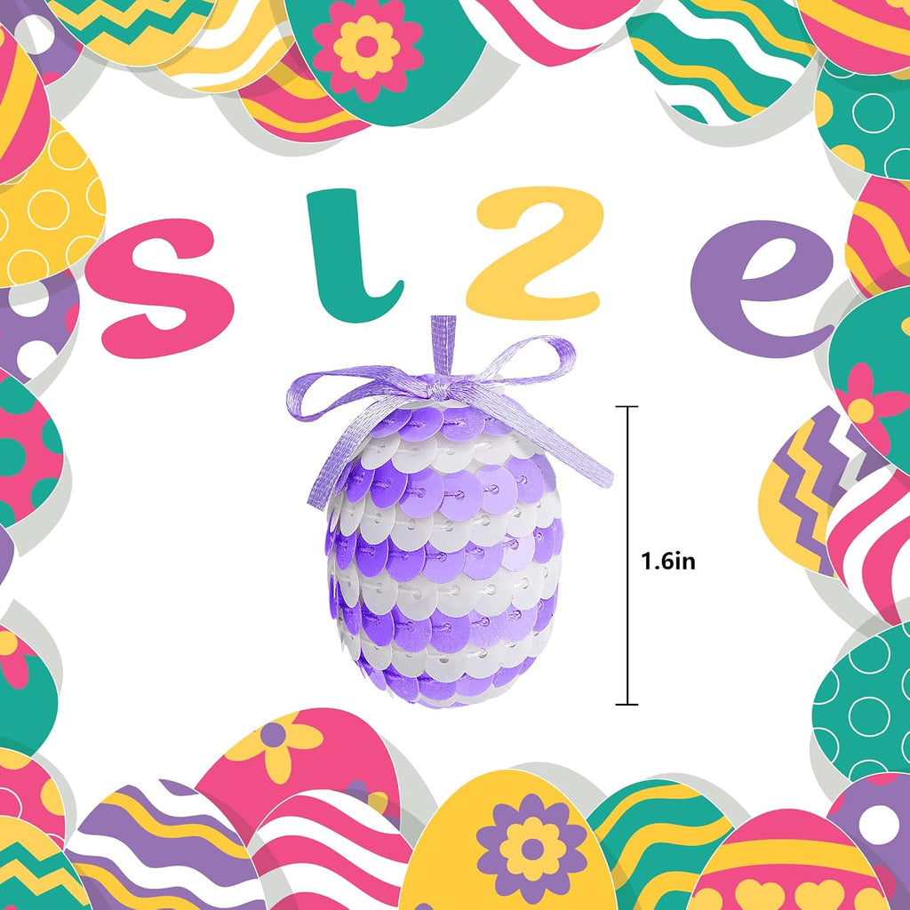 Easter Hanging Sequin Eggs, 1.6" Stripes Easter Eggs Ornaments with Bow, Glitter Spring Hanging Egg Tree - Set of 30