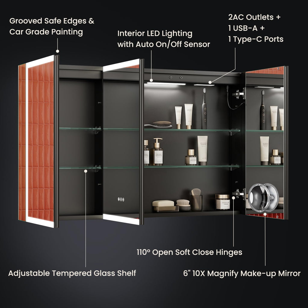 48x30 Black Medicine Cabinet with Lights, AL Alloy Frame, Plug-in/Hardwired, Recessed/Wall Mount, Anti-Fog, 3 Mirror