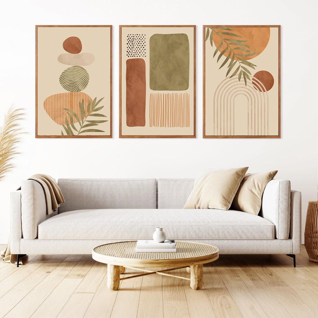 Boho Abstract Sage Framed Canvas Wall Art, Bohemian Neutral Wall Decor, Mid Century Beige Painting, Natural Minimalist