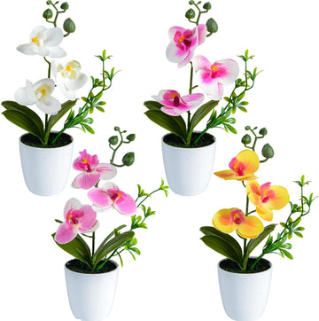 Artificial Orchid Flowers Mini Potted Orchid Flowers Fake Orchids with Plastic Vase Wedding Table Centerpiece - Set of 4