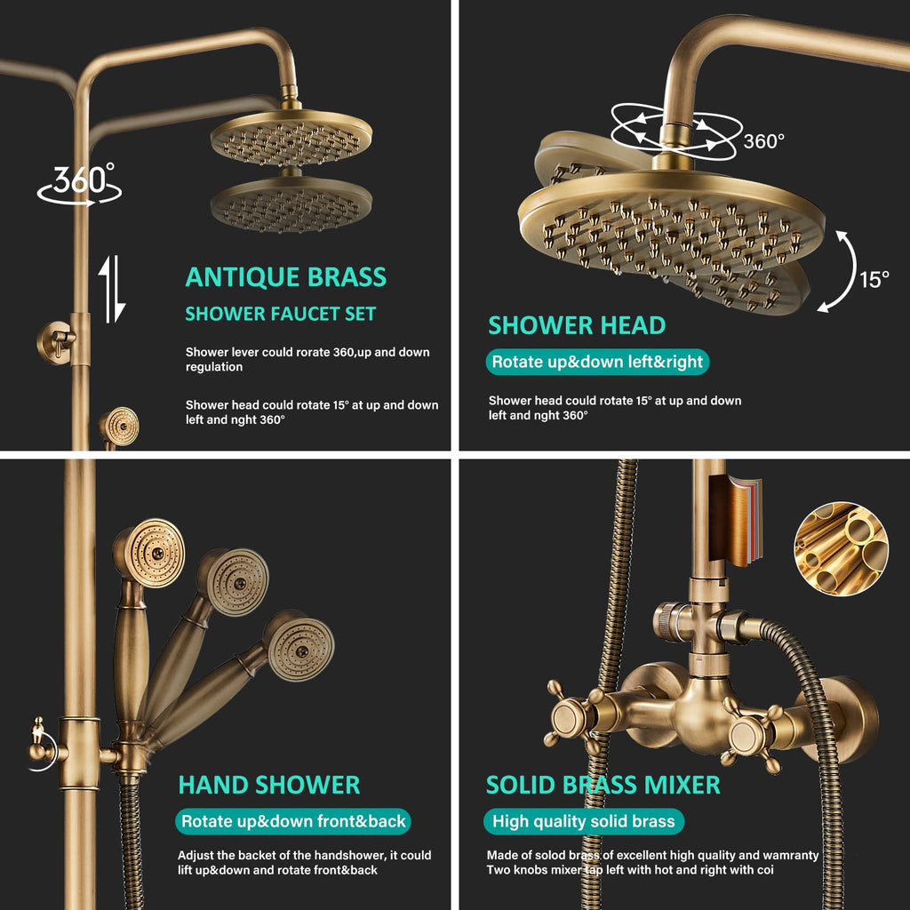 Antique Brass Bathroom Shower Faucet System Set 8 Inch Rainfall Shower Head Handheld Spray 2 Knobs Mixing