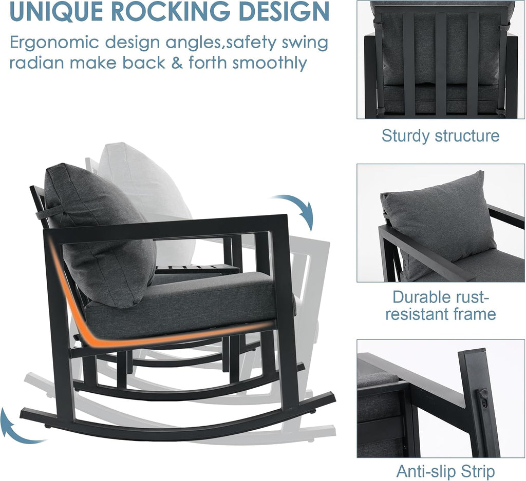 Outdoor Rocking Chair Set 2 with Coffee Table, 3 Piece Metal Rocking Bistro Set with 5.1" High Density Cushions for