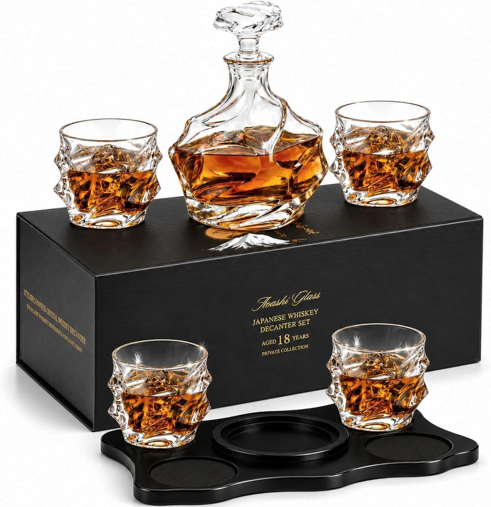 Storm Japanese Crystal Whisky Decanter Set with 4 Tumbler Glasses, Lead-Free Liquor Carafe & 10oz Rocks Glasses