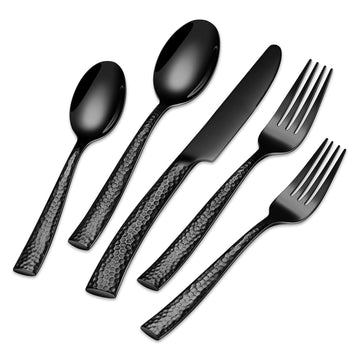 40-Piece Black Hammered Silverware Set, Stainless Steel Black Flatware for 8, Mirror Polished Tableware Cutlery Set