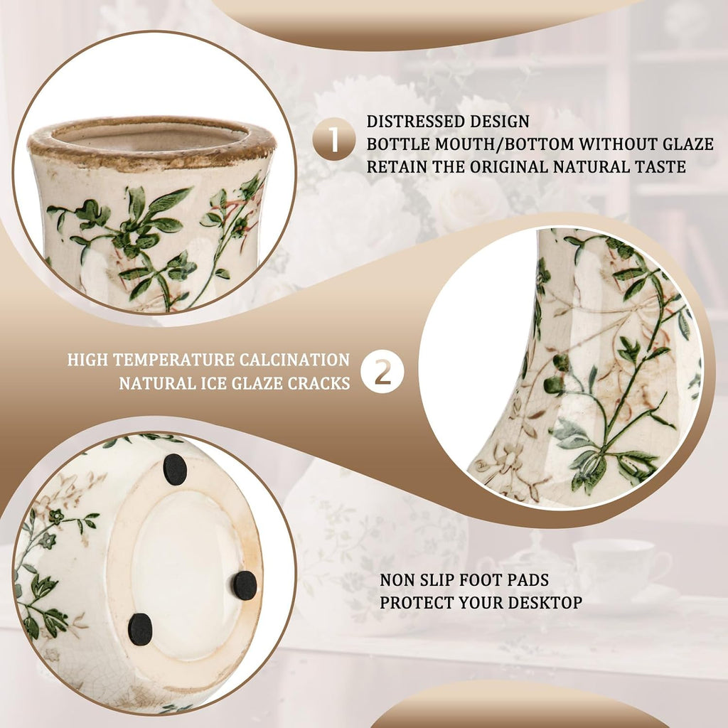 Vintage Ceramic Flower Vase 5.7 Inch Chinoiserie Ice Cracked Glaze Porcelain Vase Rustic Ceramic Large Centerpieces