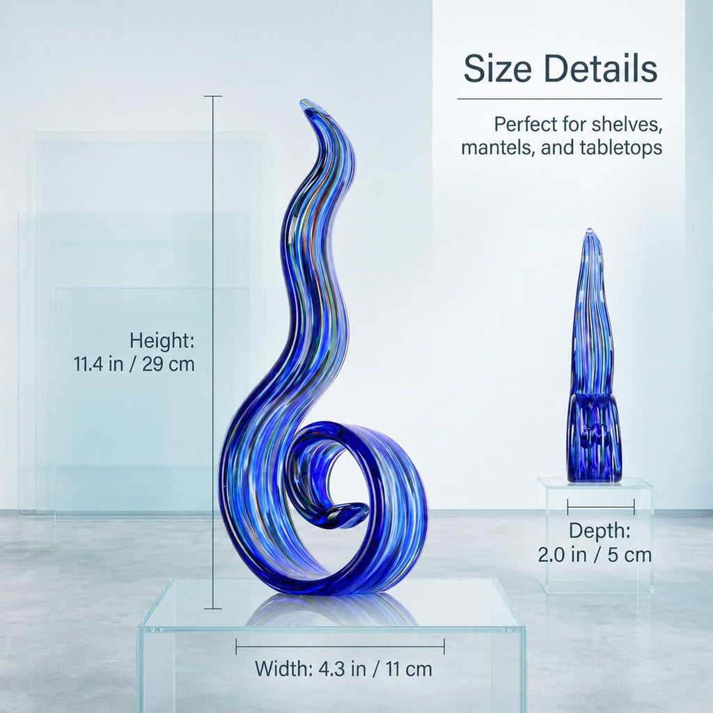 11.4in H Large Table Statue, Blue Hand Blown Glass Sculptures for Coastal Home Decor, Abstract Wave Statue