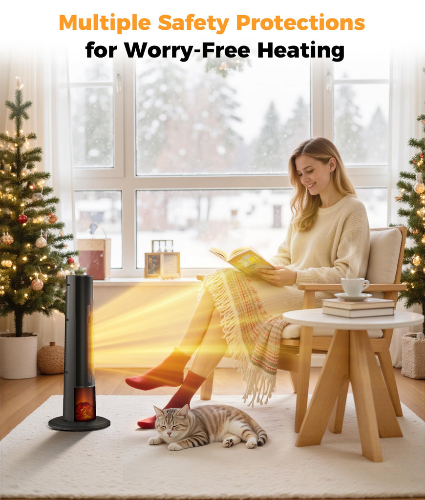 Tower Heater for Indoor Use - 25" Portable Space Heater with 3D Flame, Remote, Adjustable Thermostat, 2 Heat Modes