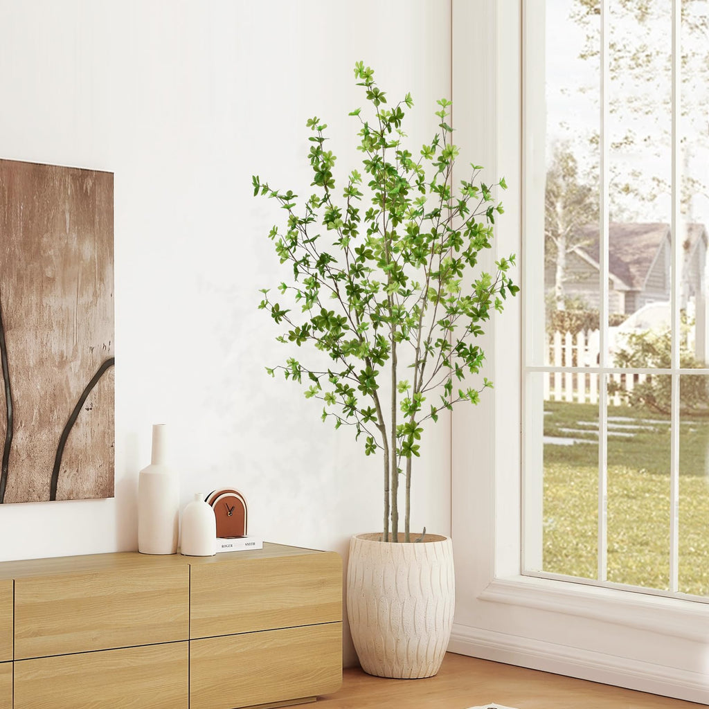 Artificial Enkianthus Tree 6ft Tall Fake Plant with Lifelike Leaves and Trunk - Large Indoor Floor Plant in White Pot