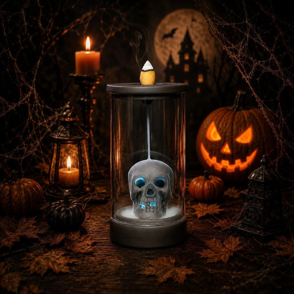 Skull Backflow Incense Burner with Glass Dome, Gothic Skeleton Incense Holder with Waterfall Smoke Effect & LED