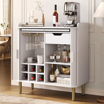 Fluted Bar Cabinet with Storgae, Wine Cabinet, 33" H, White | Coffee Bar Cabinet, Liquor Cabinet, with Charging
