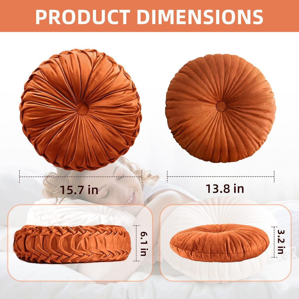 2 Pcs Round Throw Pillows Pleated Velvet Pumpkin Round Pillows