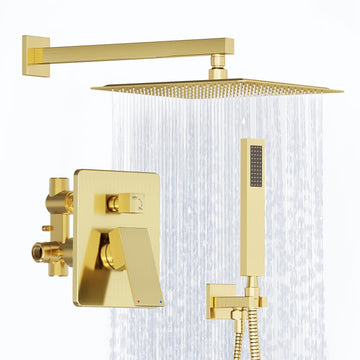 Shower System, Gold Shower Faucet Set with Shower Valve and Trim Kit, 12 Inch Rain Shower Head with Handheld Spray