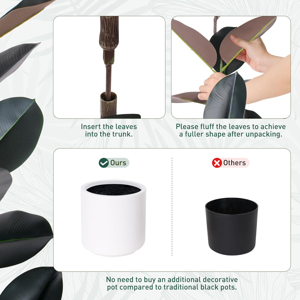 Artificial Rubber Tree - 6 FT Tall Fake Tree with Pot - Large Artificial Plants Indoor, Lifelike Branches & Foliage