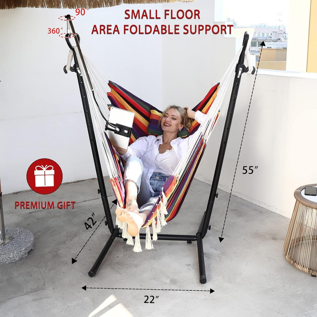 Hammock Chair with Stand Double Hammock Chair Bohemian Style with Tassel Mobile Phone Support Manual Adjustable Swing