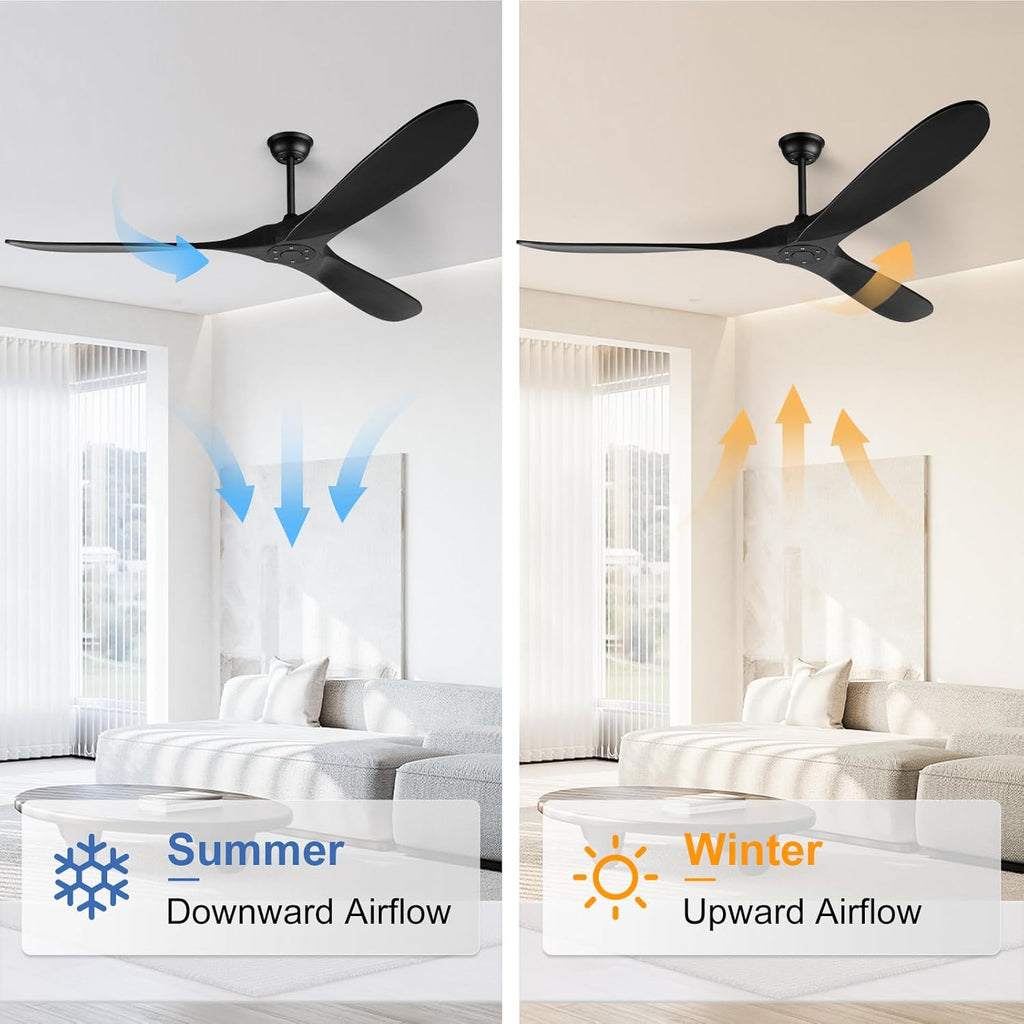 72 Inch Black Ceiling Fan No Light，Wood Indoor Outdoor Ceiling Fan Without Lights for Patios Living Room Gazebo