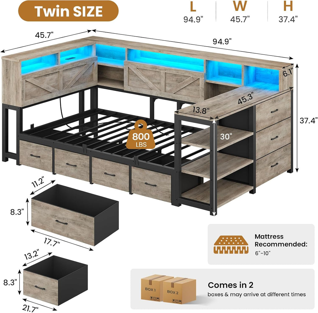 Corner Bed Frame with Desk, Bookcase Headboard, Storage Shelves & 7 Drawers, Farmhouse Twin Size Wood Platform Bed