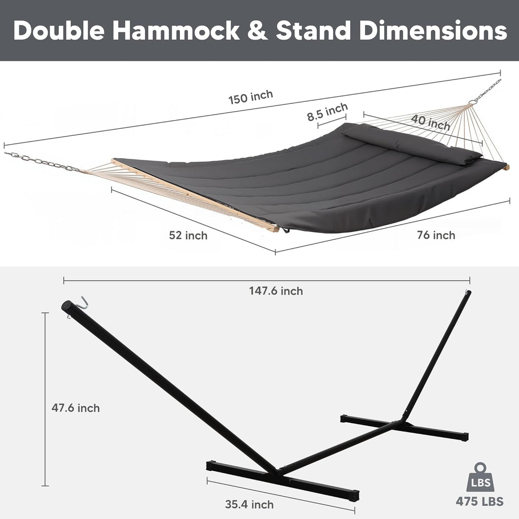 Double Outdoor Hammock with Stand, Carrying Bag, Dark Gray | Two Person Cotton Rope Hammock with Polyester Pad