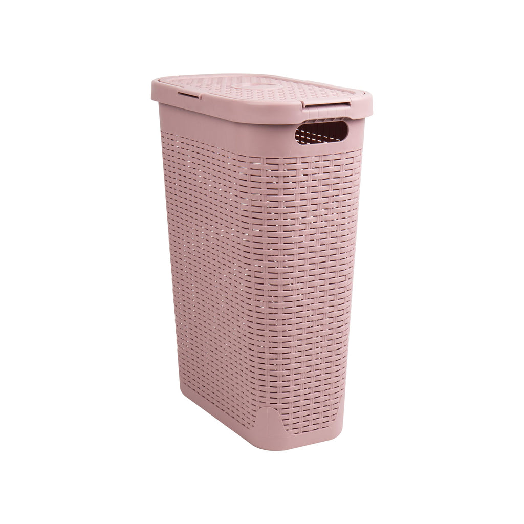 Slim Laundry Hamper with Lid, 40L Clothes Basket, Narrow Tapered Design with Ventilated Cutout Pattern, Plastic, Pink
