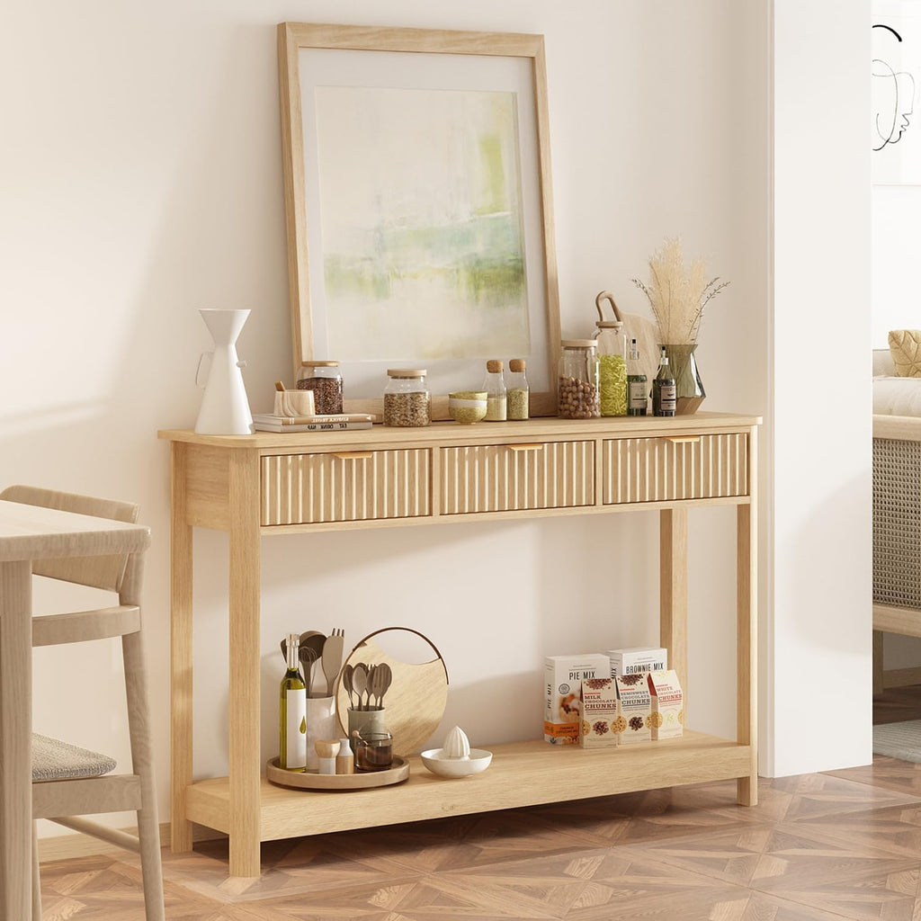 Fluted Wood Console Table with 3 Drawers, Boho Narrow Behind Couch Entryway Table with Open Storage Shelf, Modern